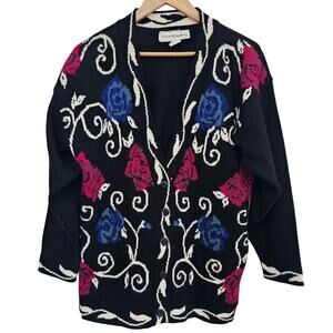 Vintage Floral Cardigan Womens Medium Black Cottage Whimsygoth Preppy Warm Retro